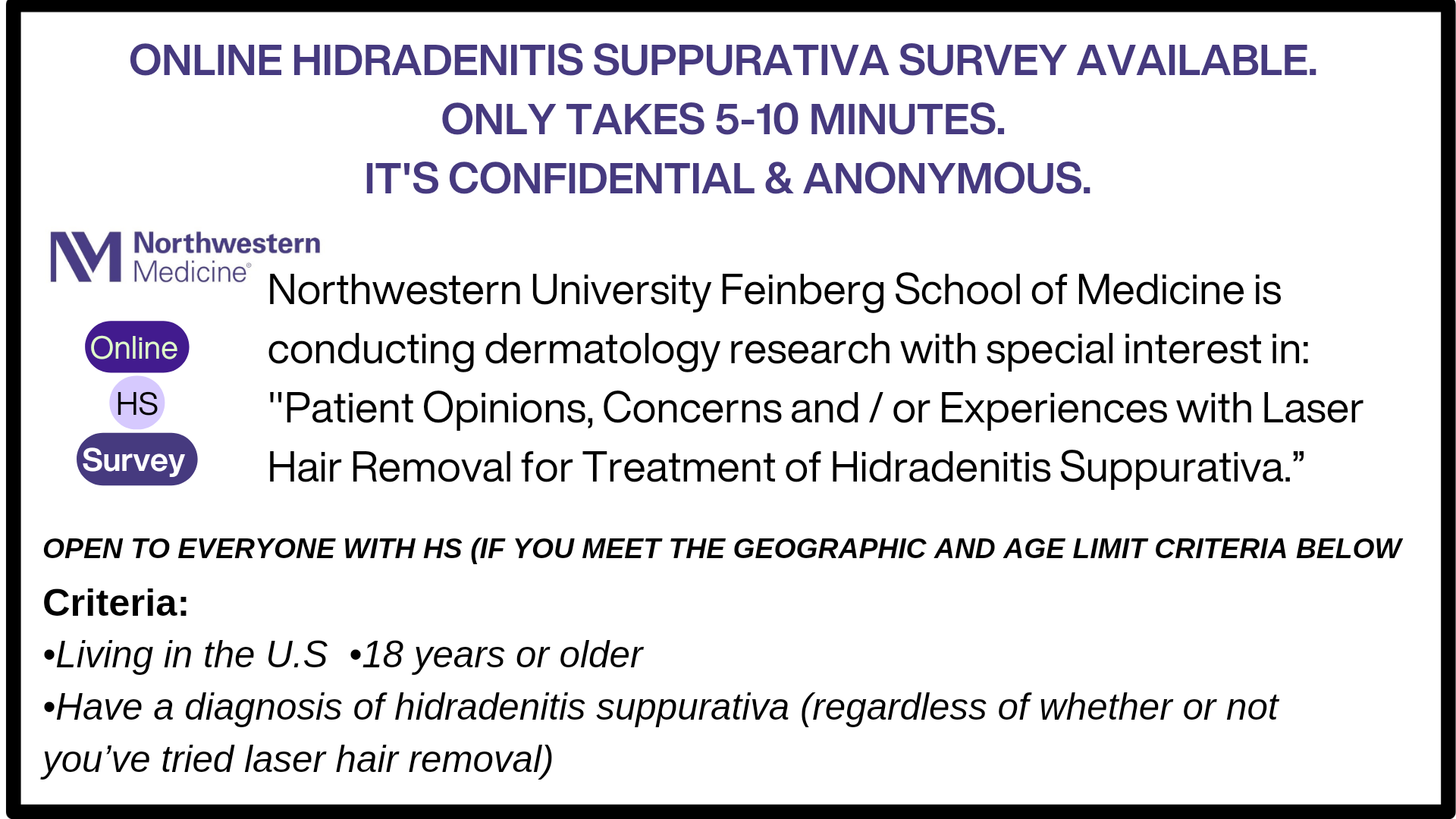 Online USA Hidradenitis Suppurativa survey available. Patient Opinions, Concerns and / or Experiences on Laser Hair Removal