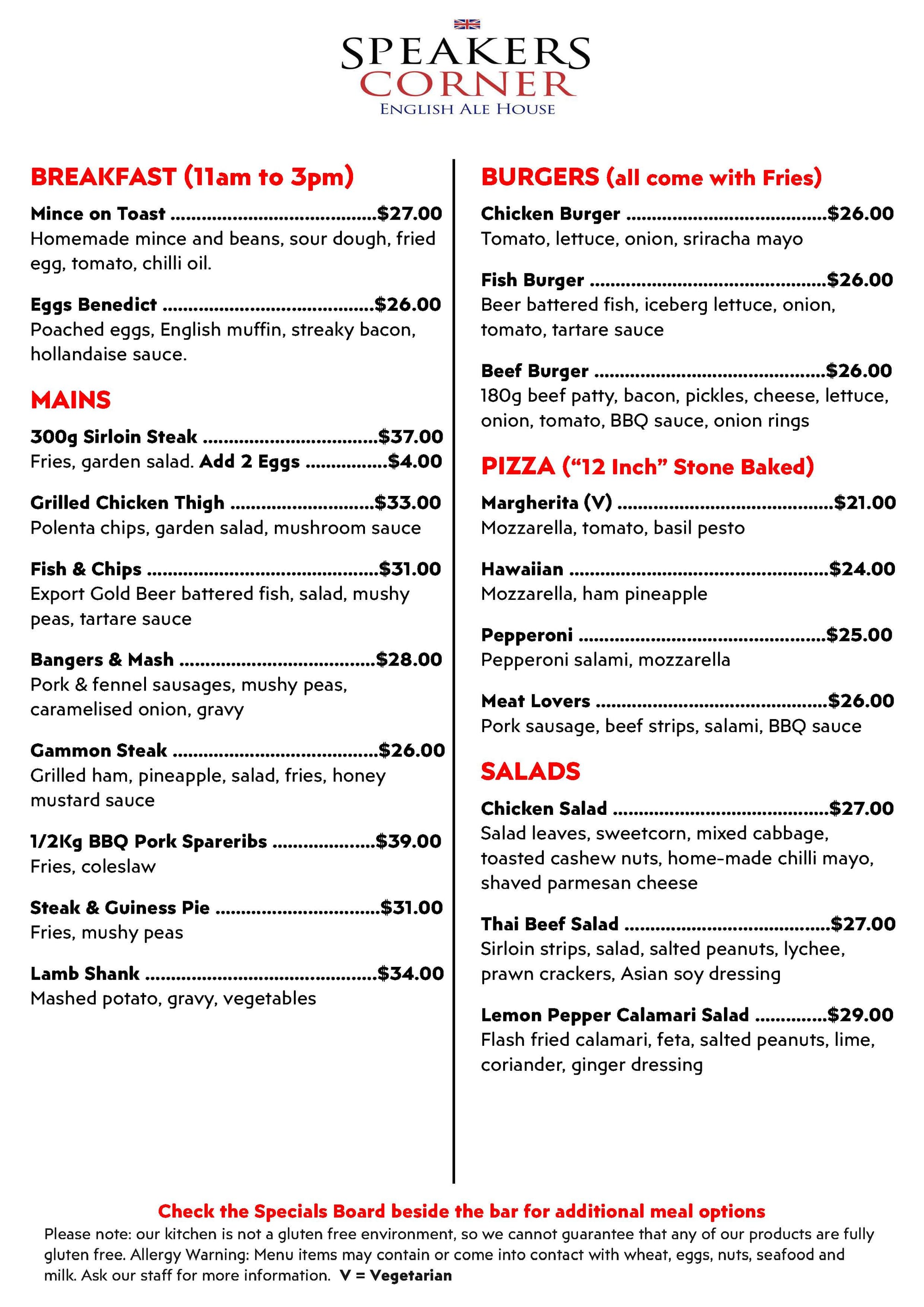 Bar Snacks & Main Menu