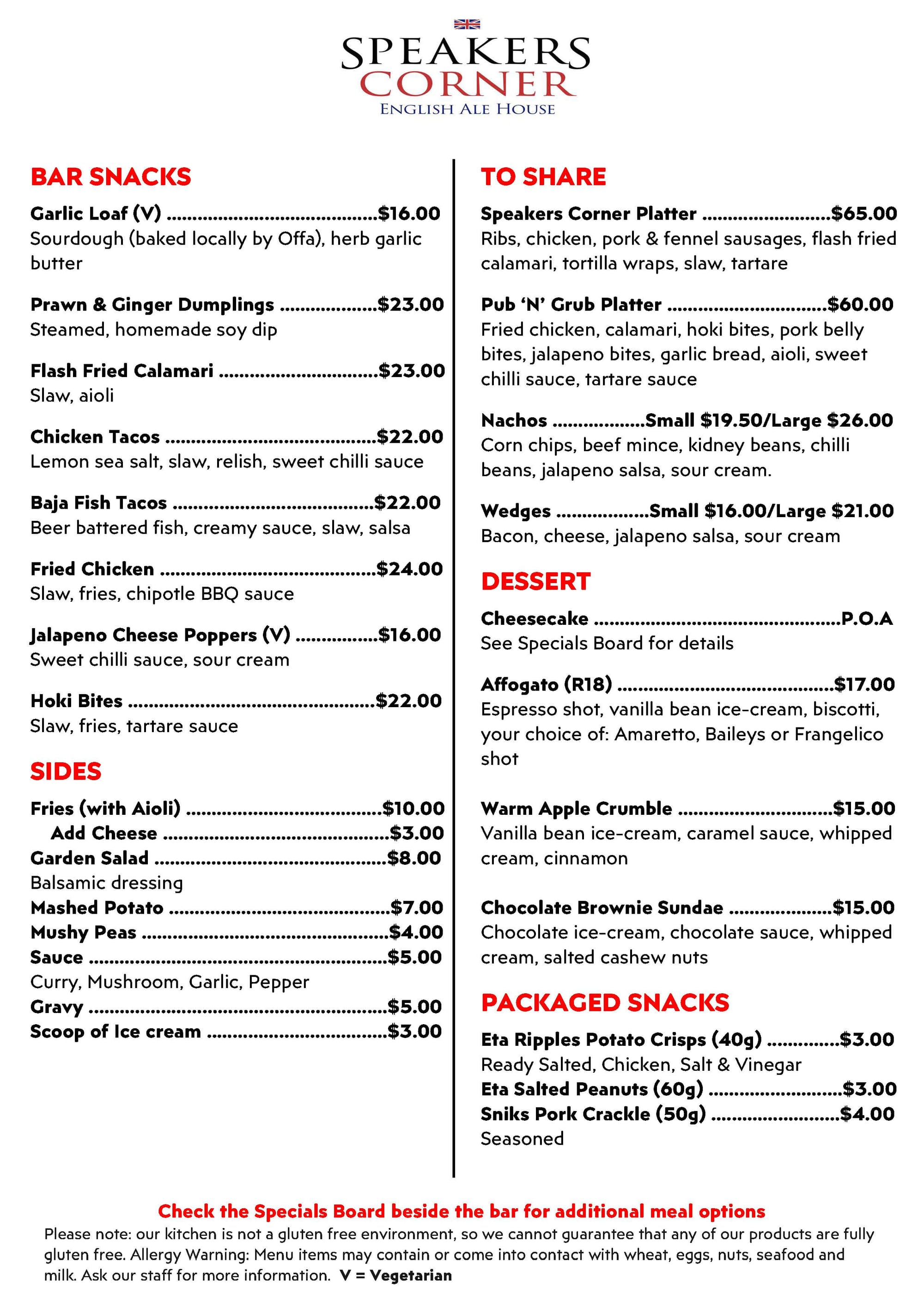 Bar Snacks & Main Menu