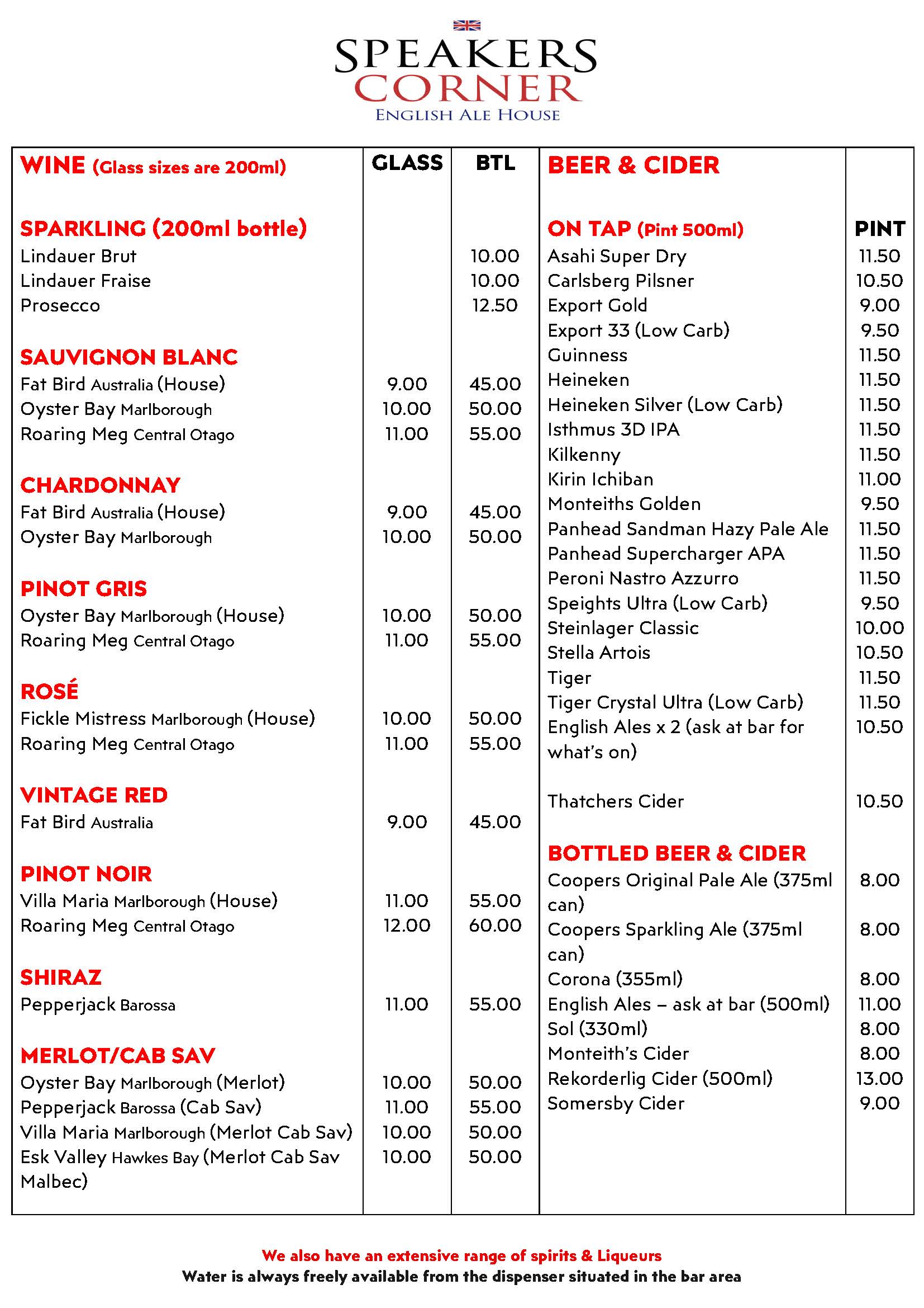 Beer & Wine Menu
