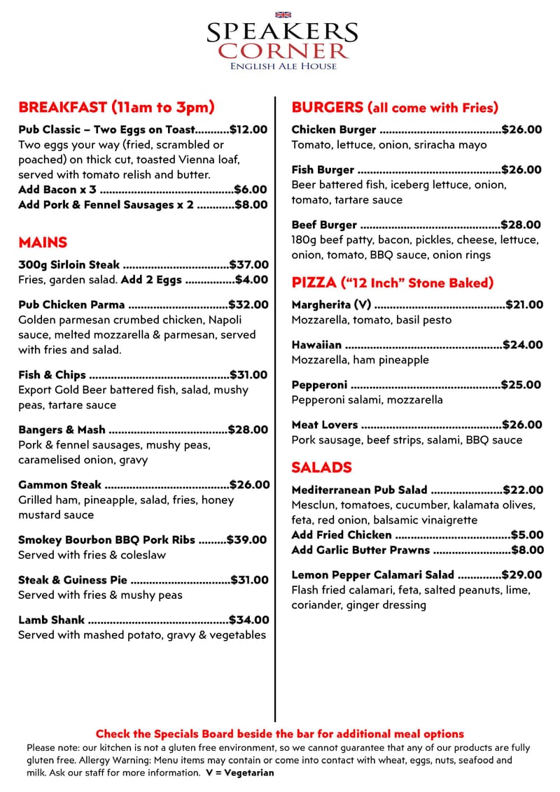 Bar Snacks & Main Menu