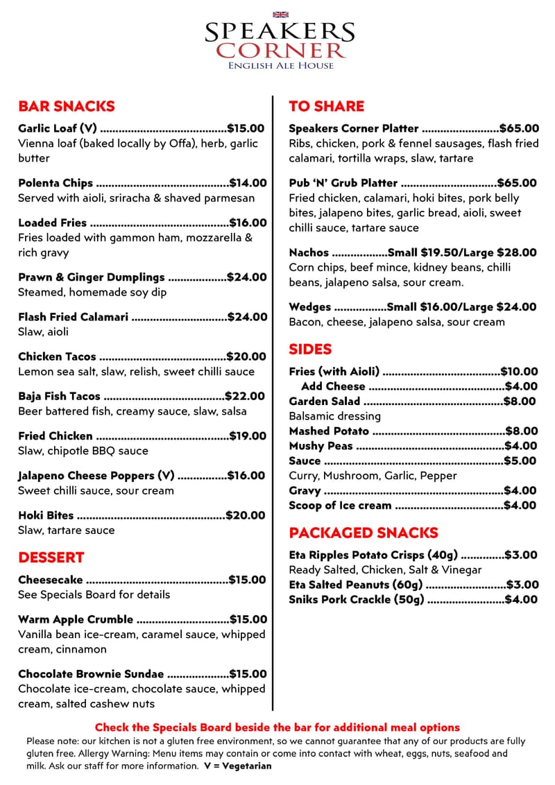 Bar Snacks & Main Menu