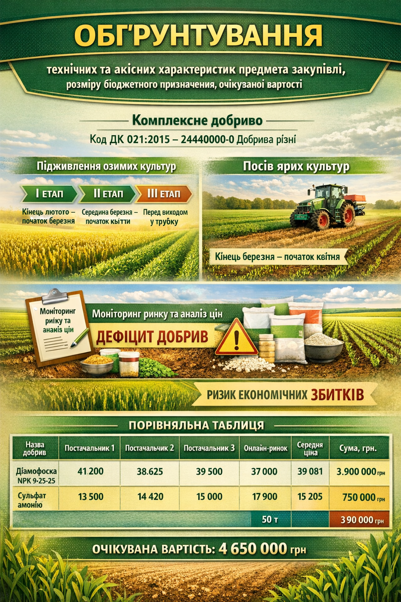 ОБҐРУНТУВАННЯ  технічних та якісних характеристик предмета закупівлі, розміру бюджетного призначення, очікуваної вартості предмета закупівлі  (відповідно до пункту 41 постанови Кабінету Міністрів України від 11.10.2016 № 710 «Про ефективне  використання державних коштів» (зі змінами))  Комплексне добриво  Код ДК 021:2015 (CPV) - 24440000-0 Добрива різні