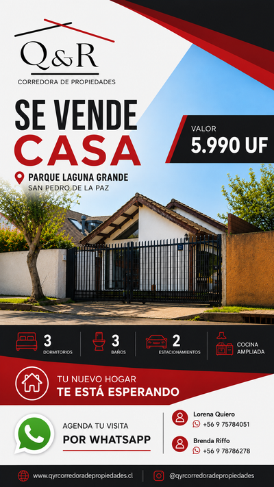 Se Vende acogedora casa en  Sector Parque Laguna Grande de San Pedro de la Paz.