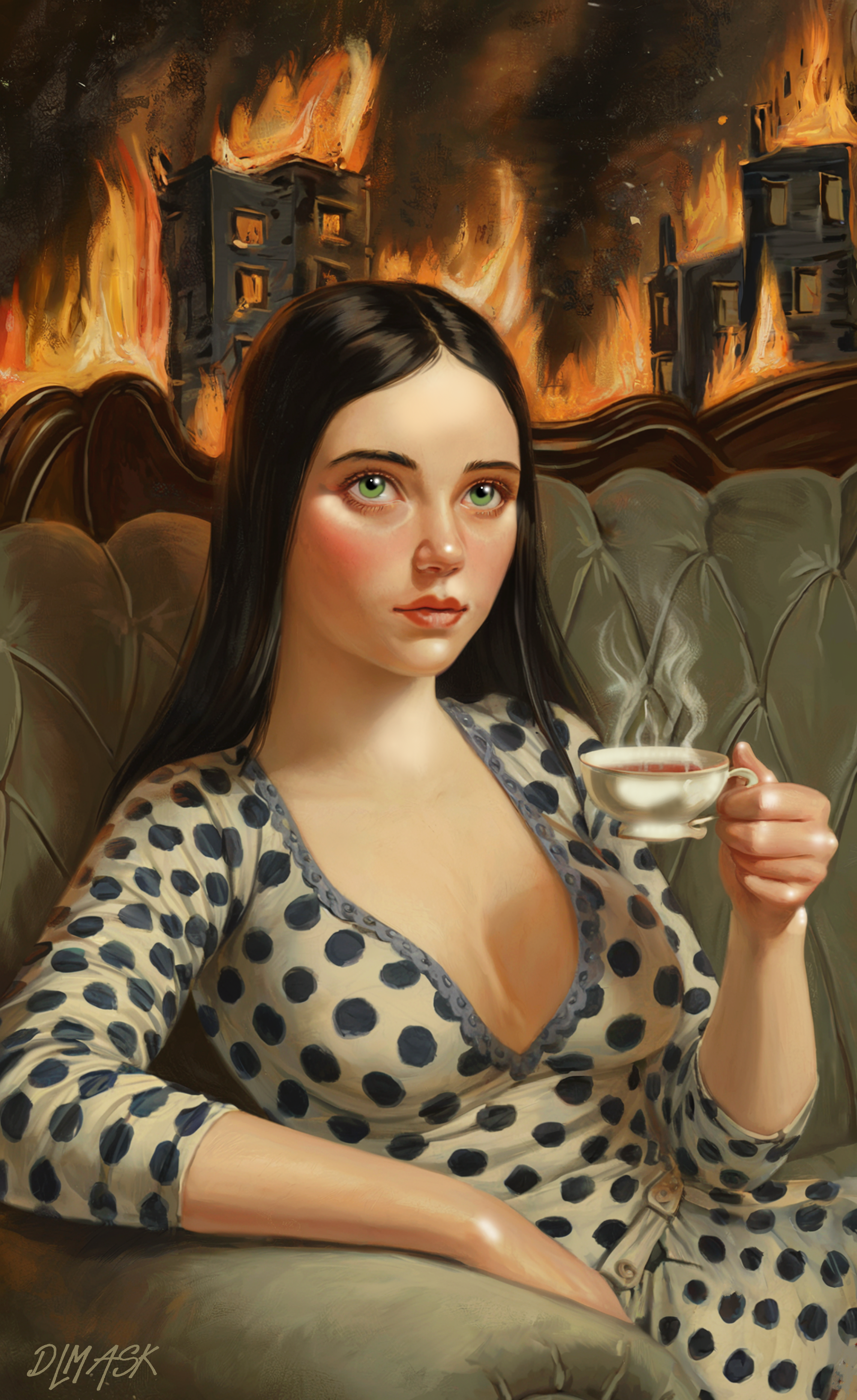 Girl drinking tea while the world ins on fire