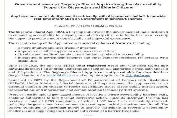 Revamped Sugamya Bharat App unveiled with AI chatbot, enhanced support for Divyangjan & Elderly