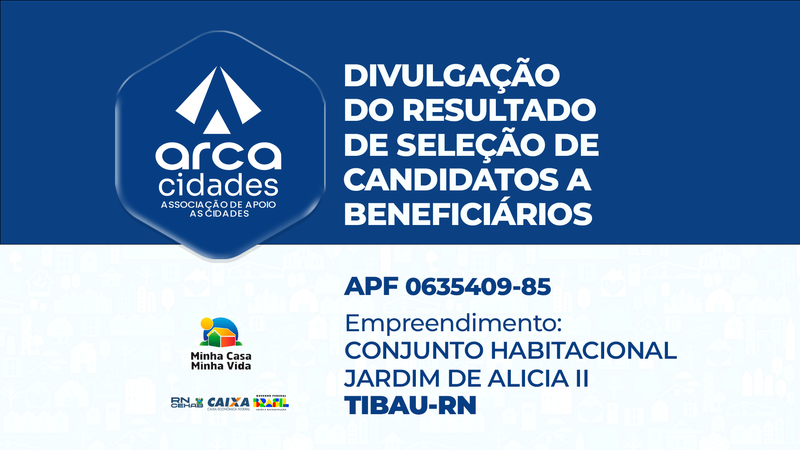 DIVULGAÇÃO DO RESULTADO DE SELEÇÃO DE CANDIDATOS A BENEFICIÁRIOS | APF nº 0635409-85 | CONJUNTO HABITACIONAL JARDIM DE ALICIA II , TIBAU/RN