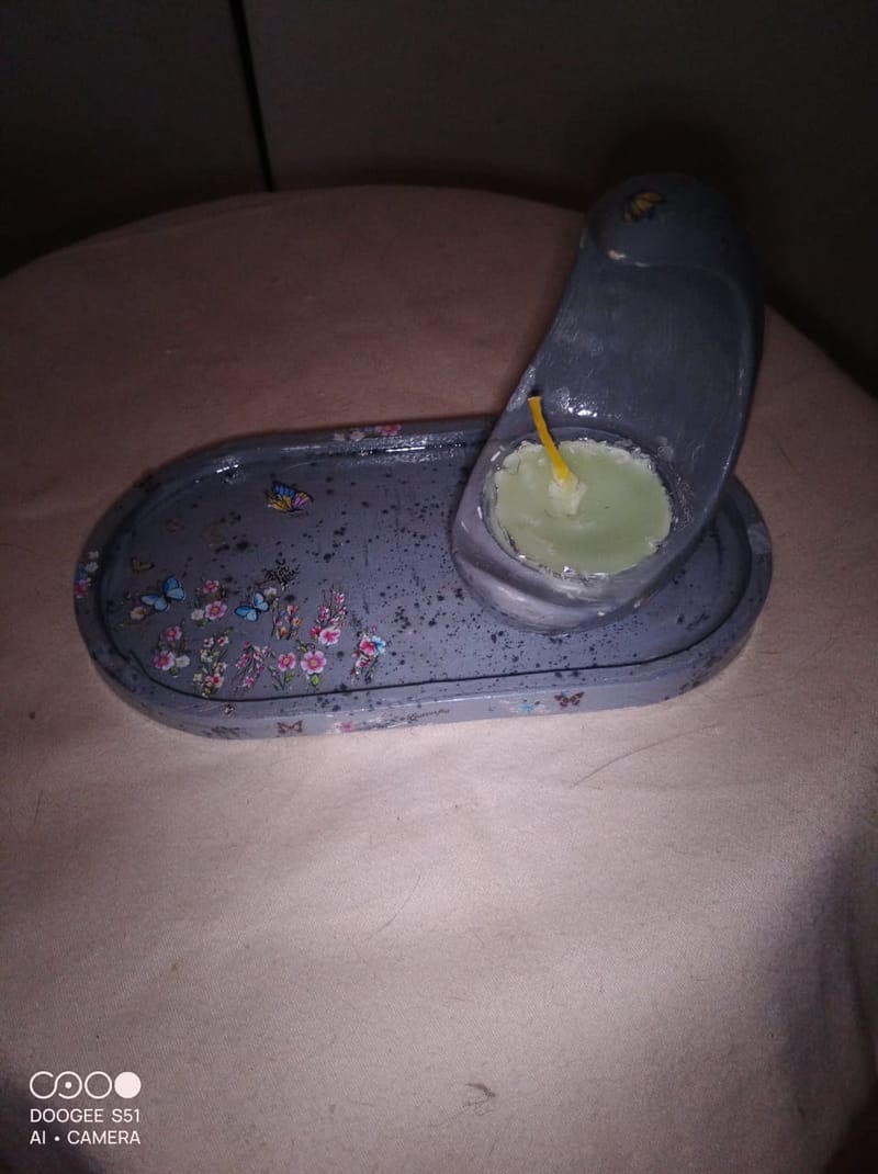 Handmade Moon-Shaped Candle Holder with Plate & Tea Candle - Floral & Butterfly Design - R 300.00