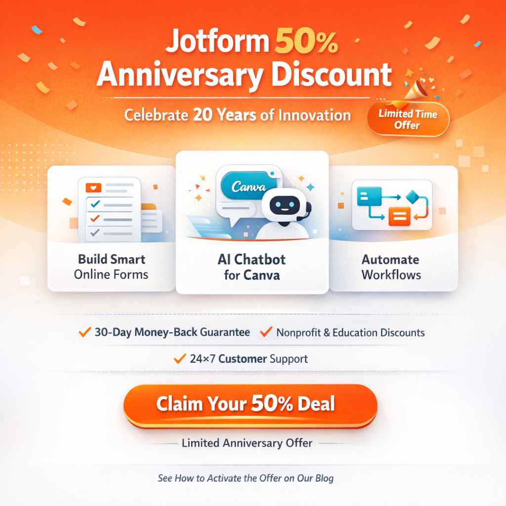 Jotform 50% Discount Yearly Plan: Celebrate 20 Years with AI Chatbot for Canva, Nonprofit & Education Deals