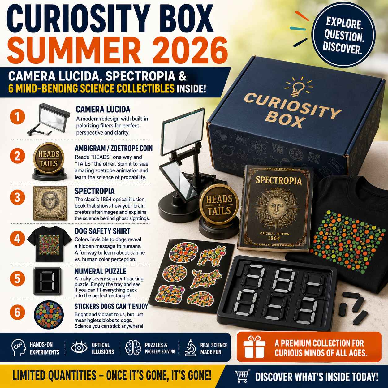 Curiosity Box Summer 2026: Camera Lucida, Spectropia & 6 Mind-Bending Science Collectibles Inside