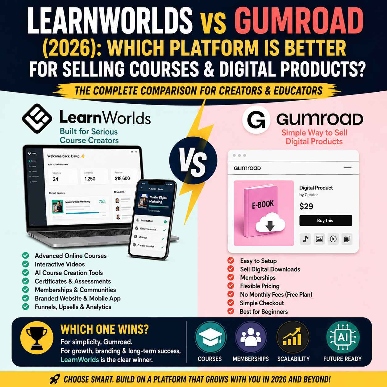 LearnWorlds vs Gumroad (2026): Which Platform Is Better for Selling Courses & Digital Products?