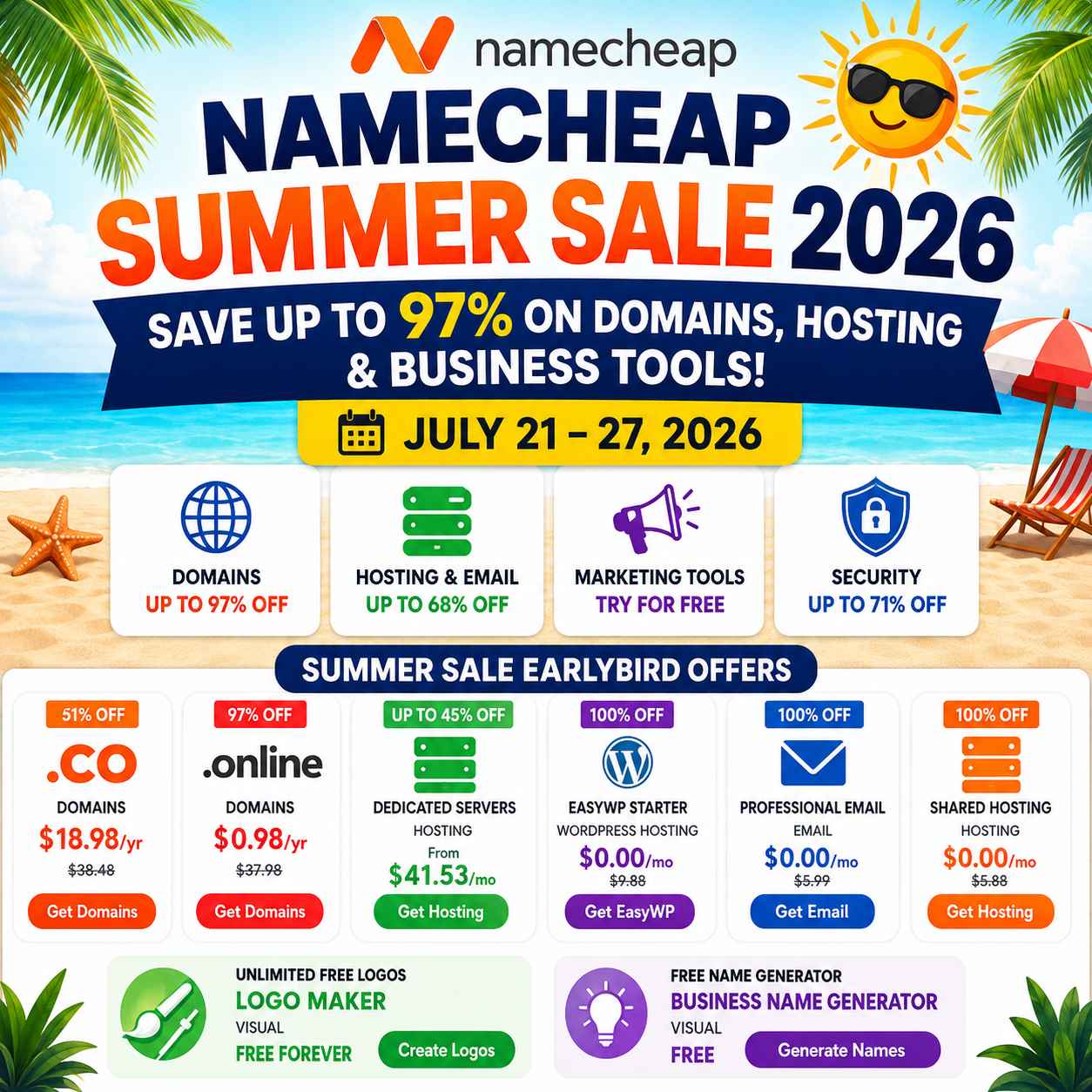 Namecheap Summer Sale 2026: Save Up to 97% on Domains, Hosting & Business Tools (July 21–27)