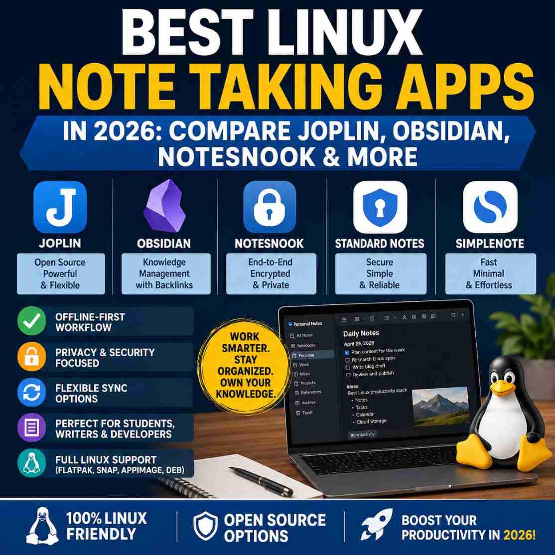 Best Linux Note Taking Apps in 2026: Compare Joplin, Obsidian, Notesnook & More