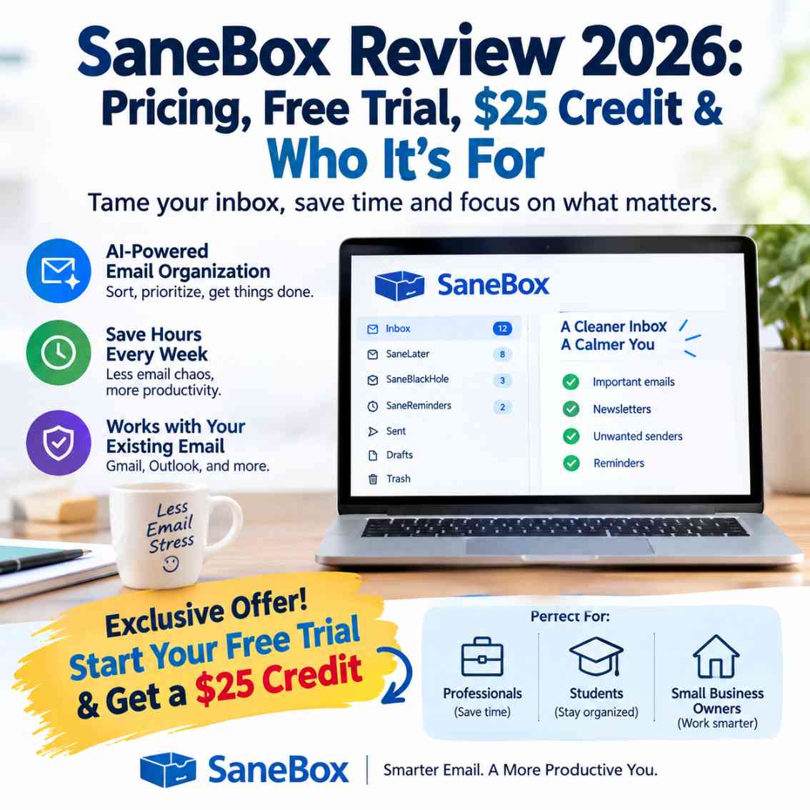 SaneBox Review 2026: Pricing, Free Trial, $25 Credit & Who It’s For