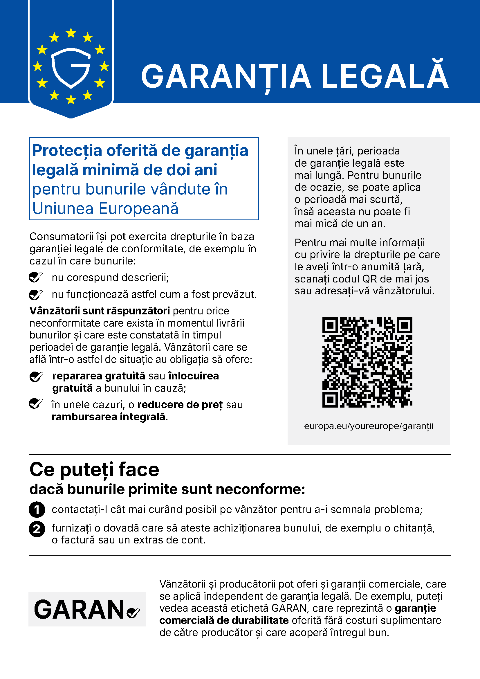 Notificarea armonizată UE privind garanția legală de conformitate (minimum 2 ani) – versiunea oficială în limba română
