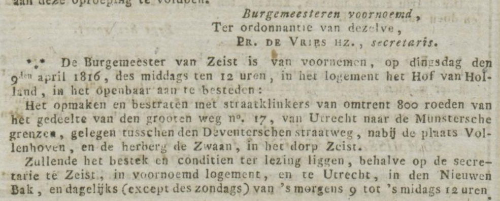 1816 Bestrating tot herberg “De Zwaan” NL staatscourant 01-04-1816