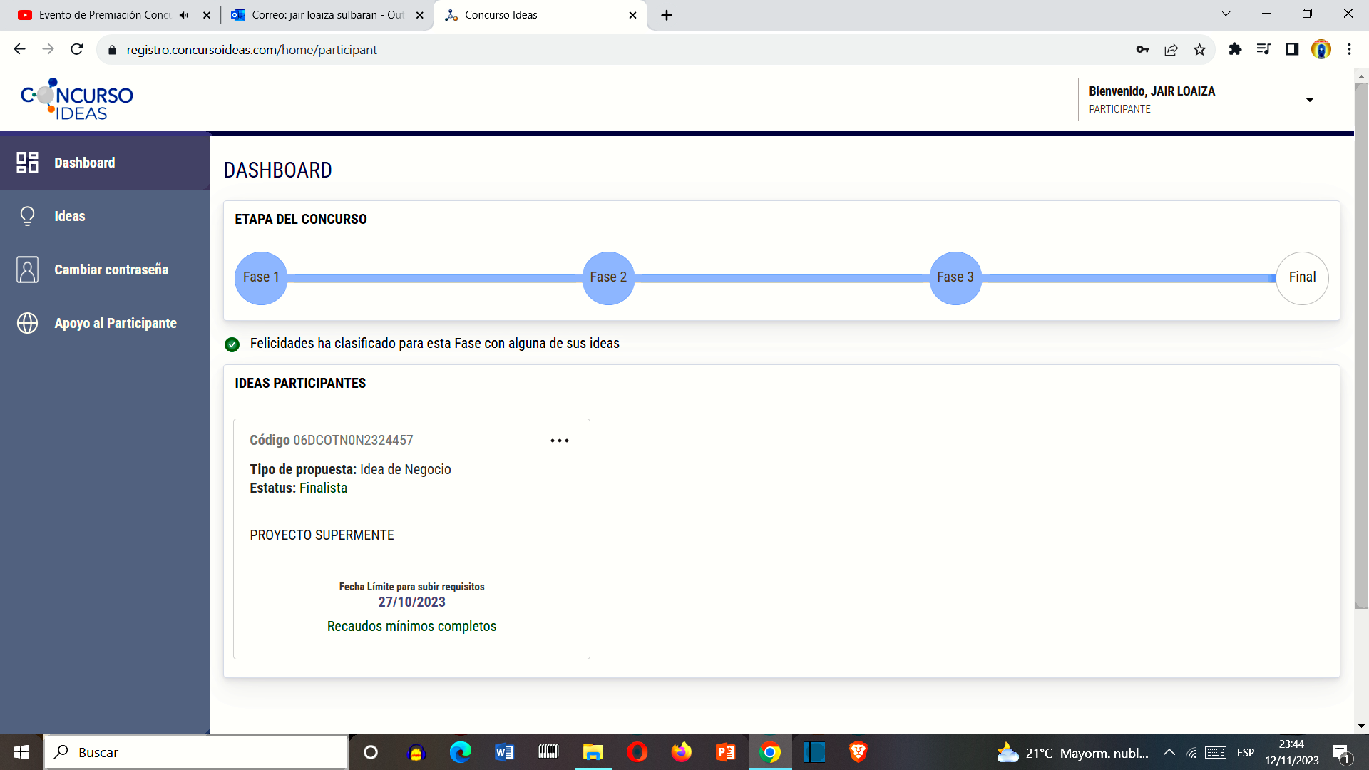 Captura del panel de progreso del Concurso IDEAS