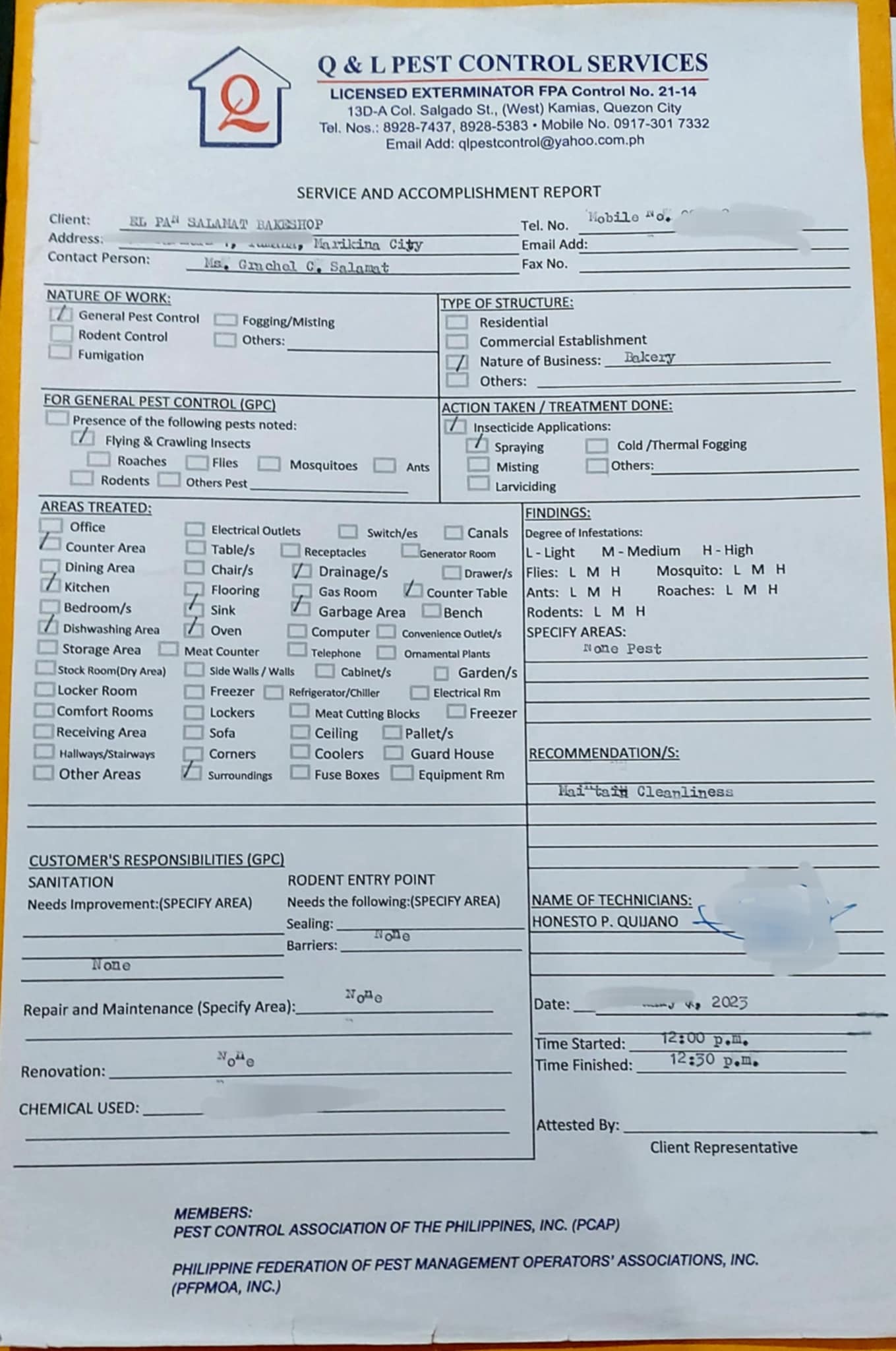 Pest Control Service and Accomplishment Report