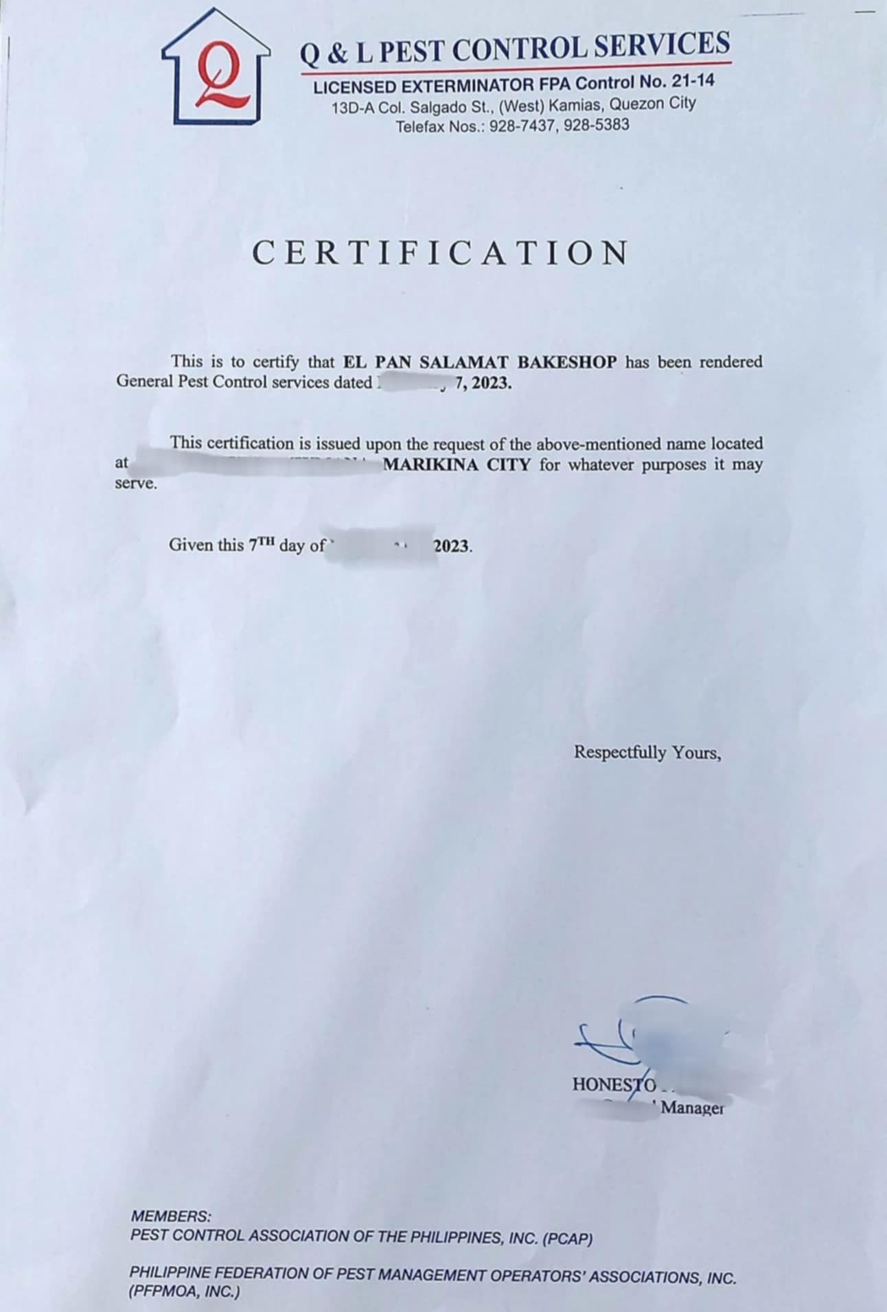 Pest Control Service and Accomplishment Report