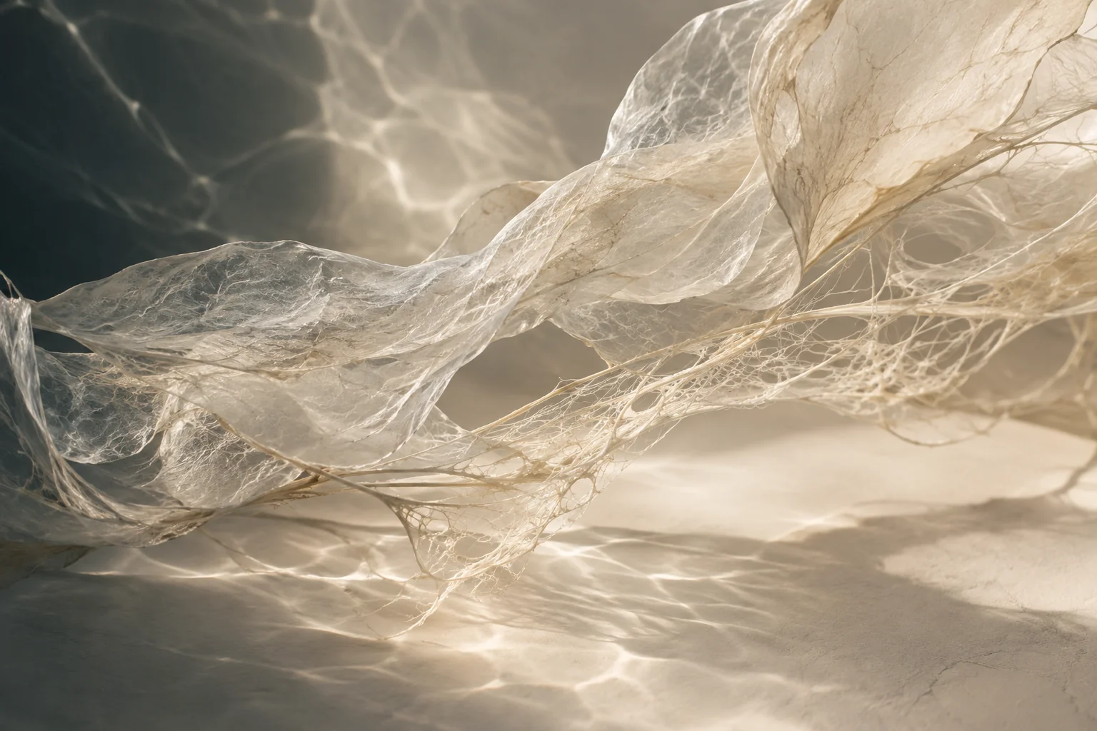 Translucent ivory layers and fine organic fibres in soft light