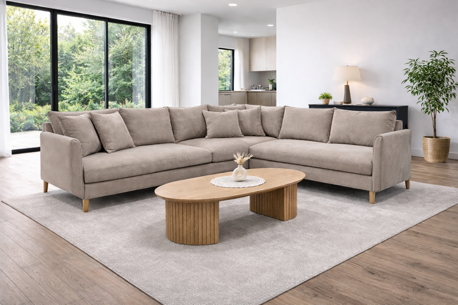 ספה פינתית עם 2 ידיות בצבע בז'