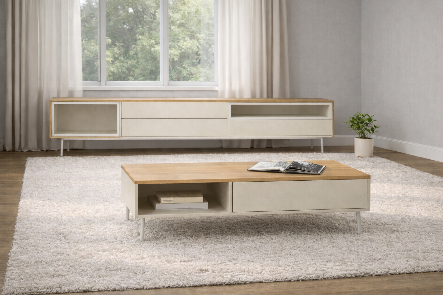 מזנון ושולחן בצבע לבן בשילוב אלון טבעי - מק"ט MZ018