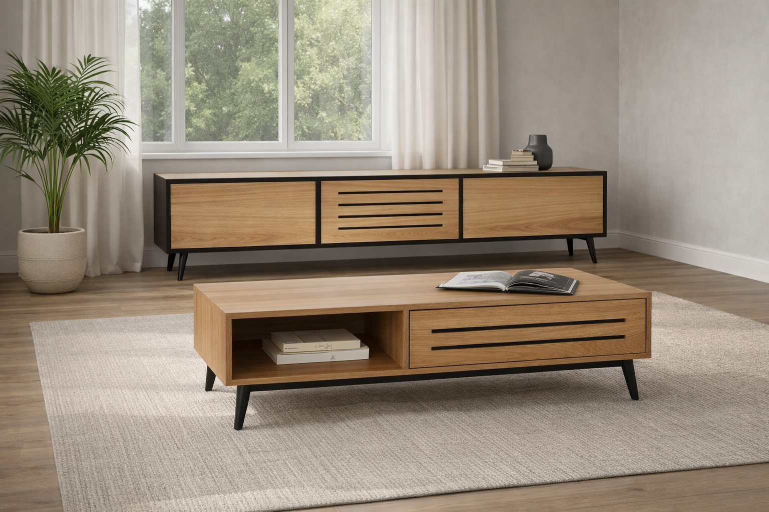 סט מזנון ושולחן בצבע אלון טבעי שילוב שחור - מק"ט MZ016