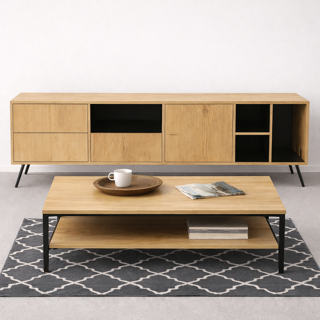 סט מזנון ושולחן אלון טבעי שילוב שחור - מק"ט MZ007