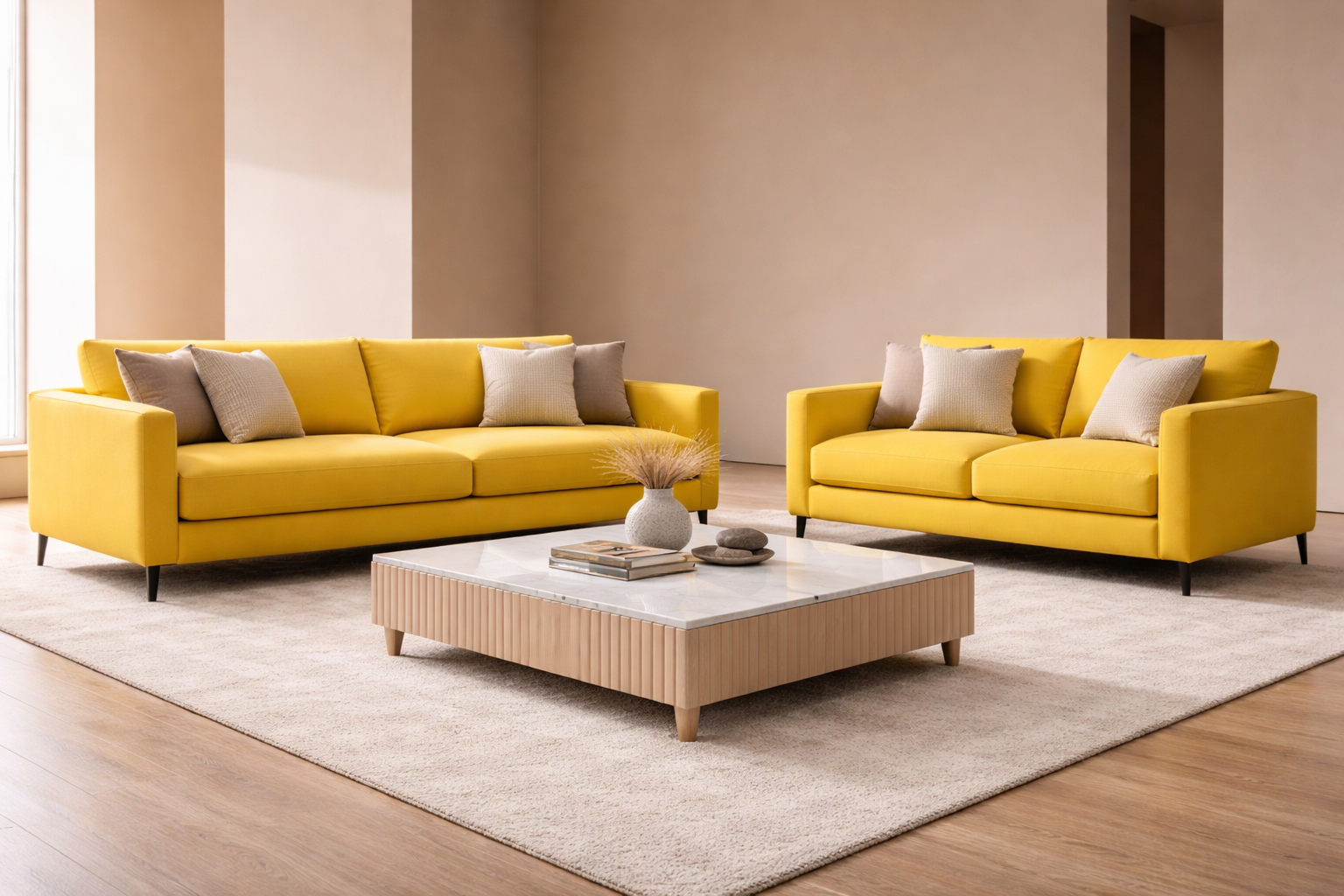 פינת ישיבה תלת ודו מושבי בצבע צהוב