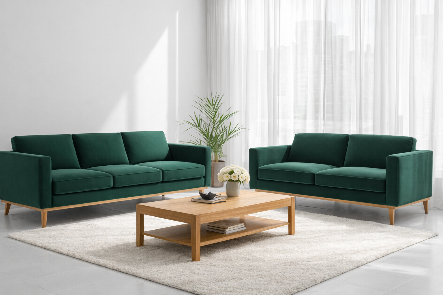 פינת ישיבה תלת ודו מושבי בצבע ירוק עם צוקל עץ מלא