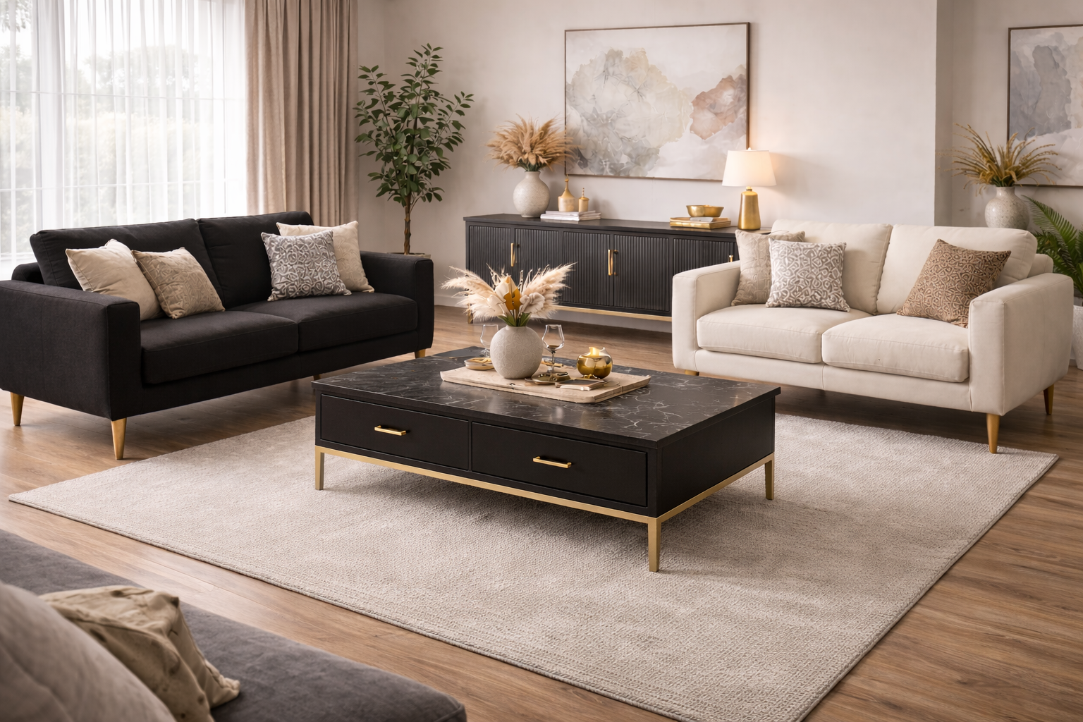 פינת ישיבה תלת ודו מושבי ב-2 צבעים שחור ולבן