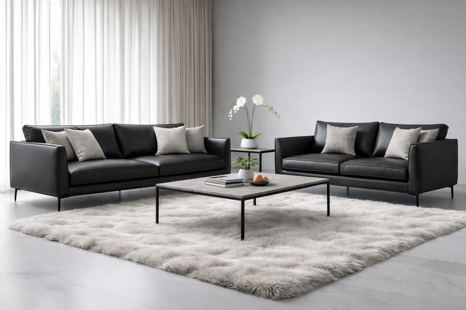 פינת ישיבה תלת ודו מושבי בצבע דמוי עור שחור