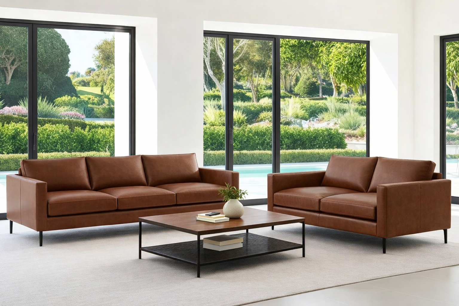 פינת ישיבה תלת ודו מושבי בצבע דמוי עור חום