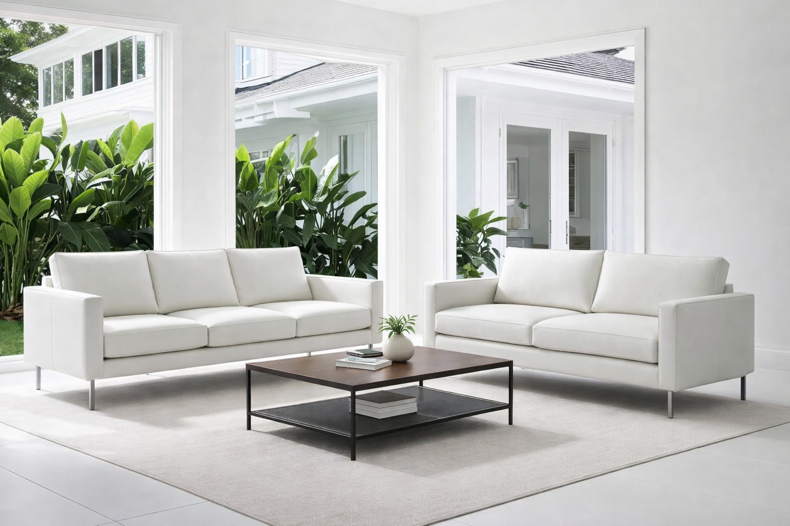 פינת ישיבה תלת ודו מושבי בצבע דמוי עור לבן