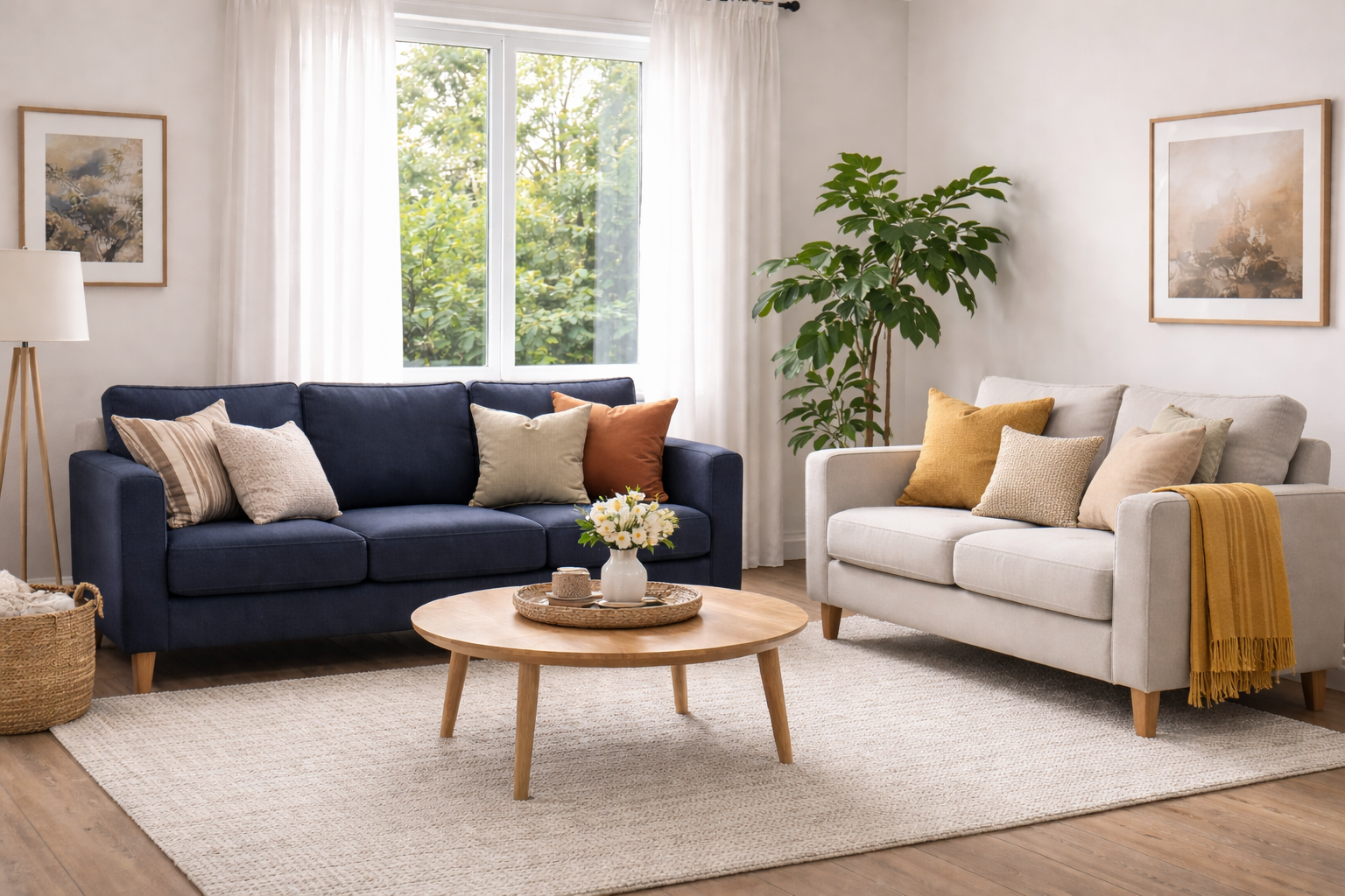 פינת ישיבה תלת ודו מושבי ב-2 צבעים כחול ולבן