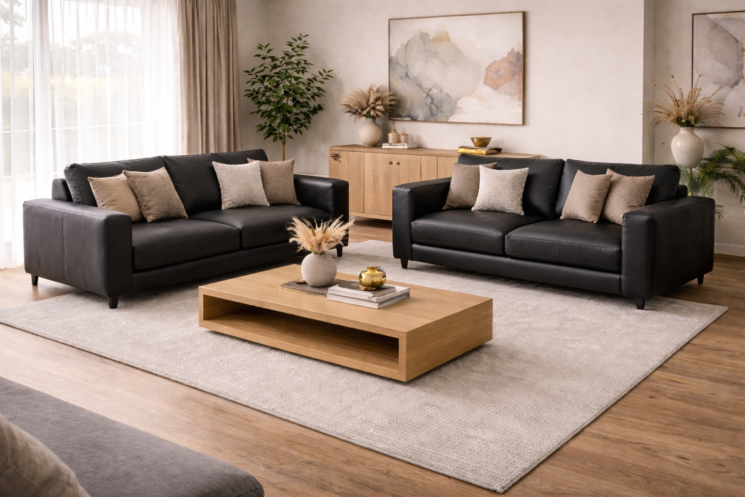 פינת ישיבה תלת ודו מושבי בצבע דמוי עור שחור