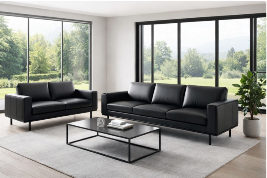 פינת ישיבה תלת ודו מושבי בצבע דמוי עור שחור - מק"ט 990006