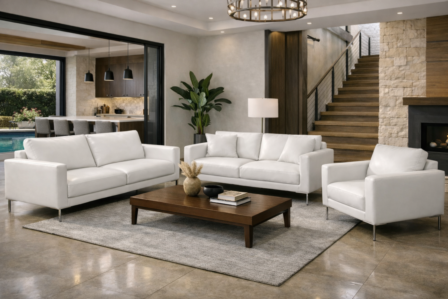 פינת ישיבה שלוש שתיים ואחד בצבע דמוי עור לבן של ארוטקס