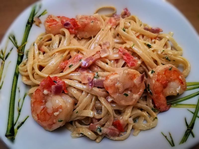 Linguine scampis lardons