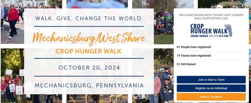Annual Crop Walk for the Hungry will be held Sunday, Oct. 20.  Check-in and new registrations start at 1:00 p.m