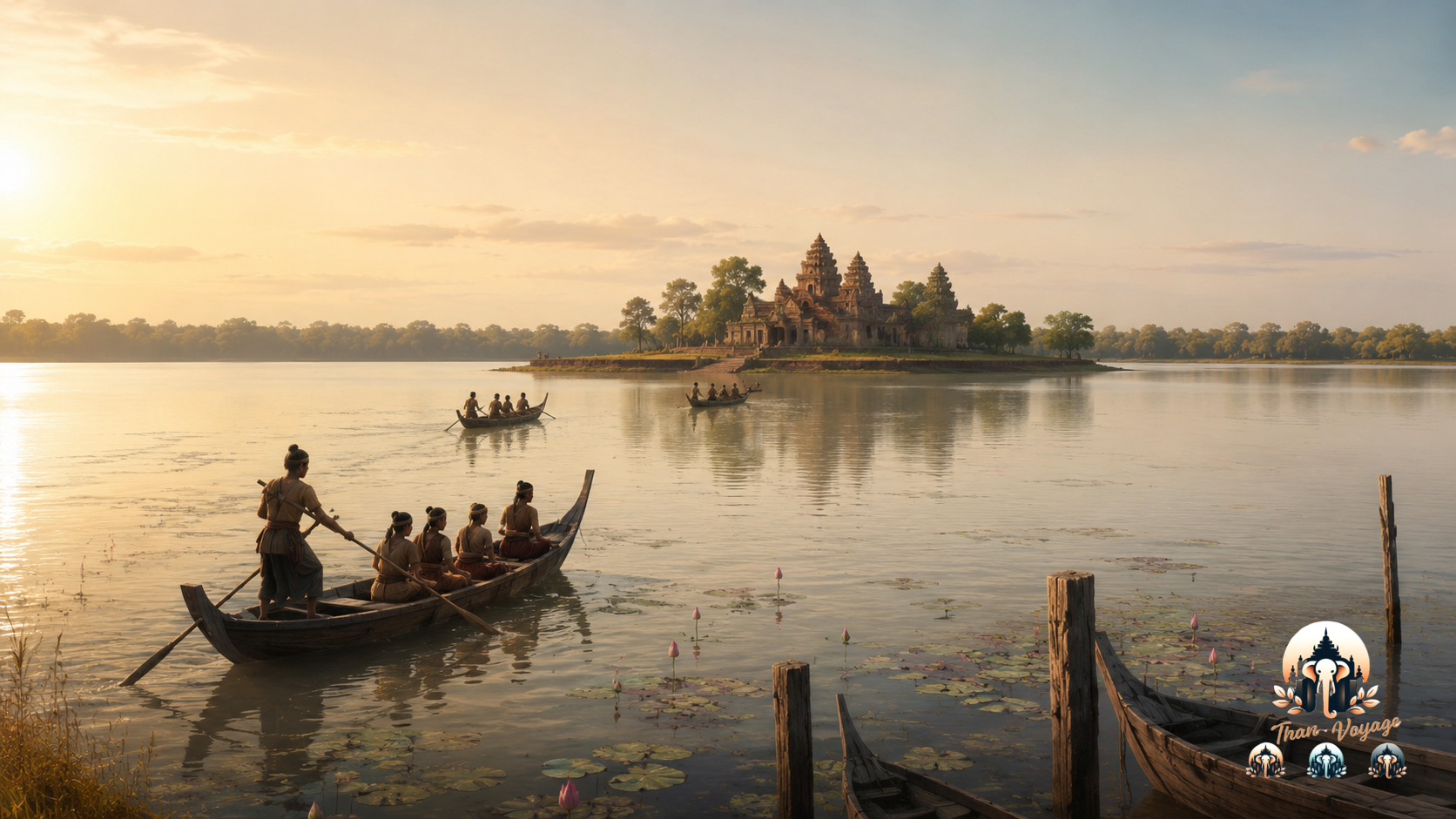 Illustration d’ambiance : cette image ne constitue pas une reconstitution exacte d’East Mebon, mais aide à imaginer le contexte aquatique dans lequel le temple s’inscrivait autrefois, au centre de l’East Baray aujourd’hui asséché.
