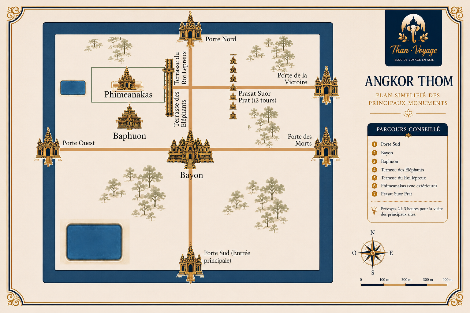 Carte simplifiée de la cité d'Angkor Thom, situant l'emplacement des bâtiments principaux