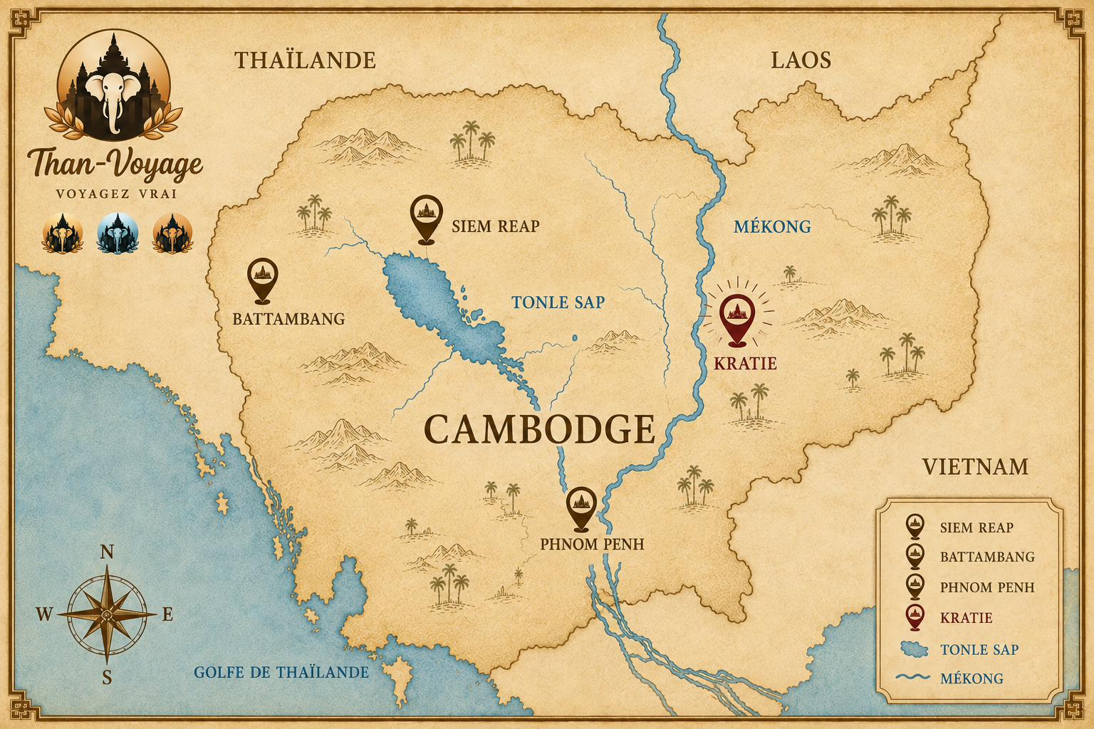 Carte situant Kratie à l’est du Cambodge, sur le Mékong