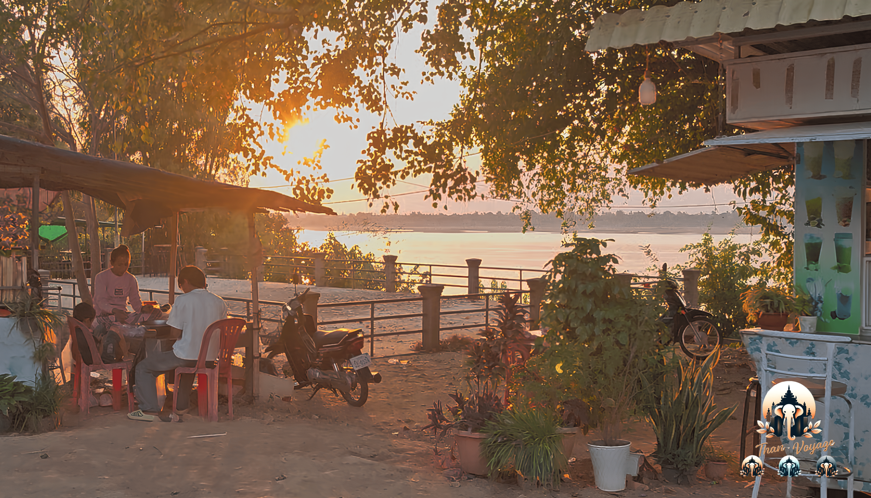 Scène de vie au bord du Mékong au coucher du soleil à Kratie