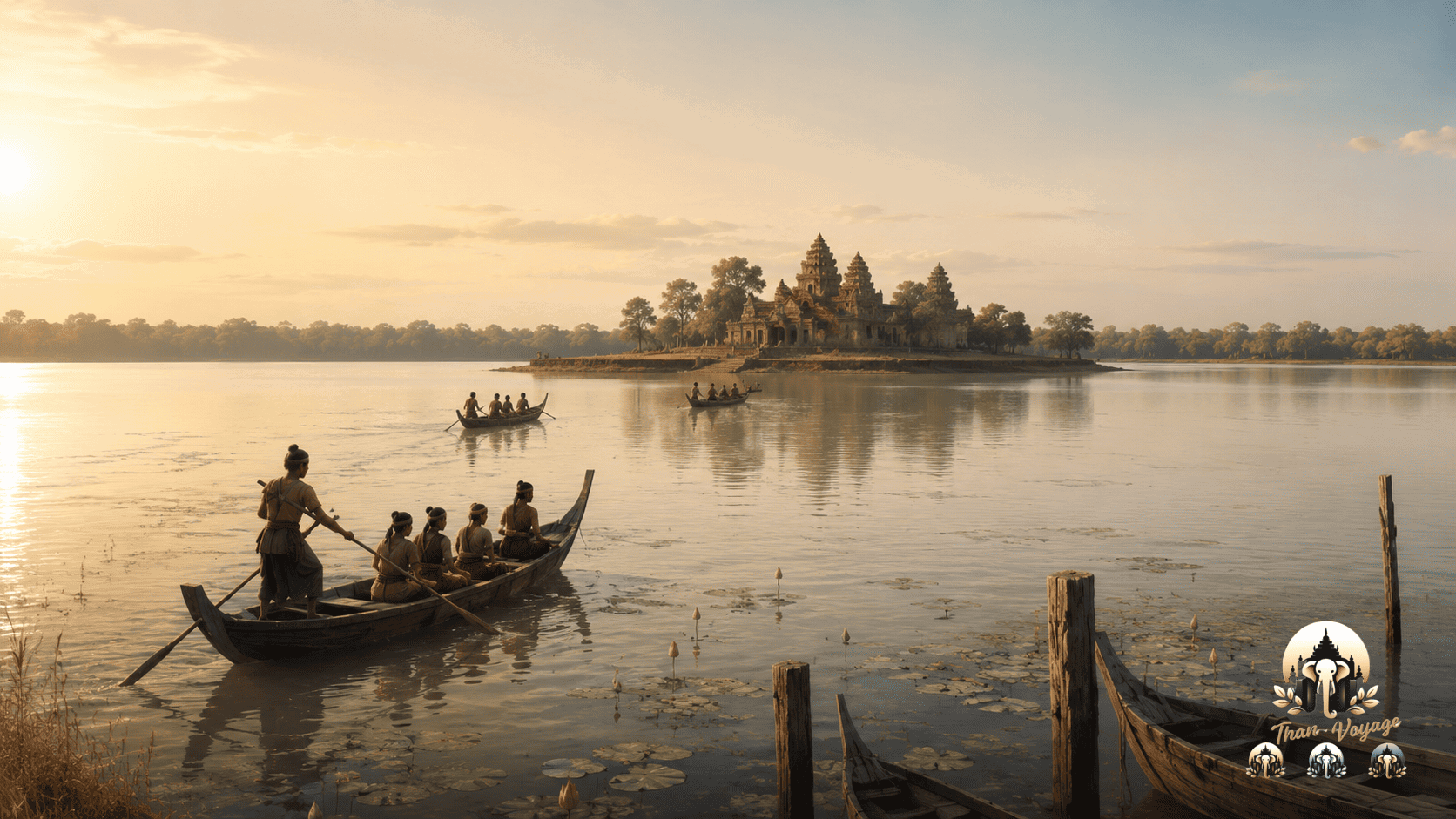 Illustration d’ambiance : cette image ne constitue pas une reconstitution exacte d’East Mebon, mais aide à imaginer le contexte aquatique dans lequel le temple s’inscrivait autrefois, au centre de l’East Baray aujourd’hui asséché.