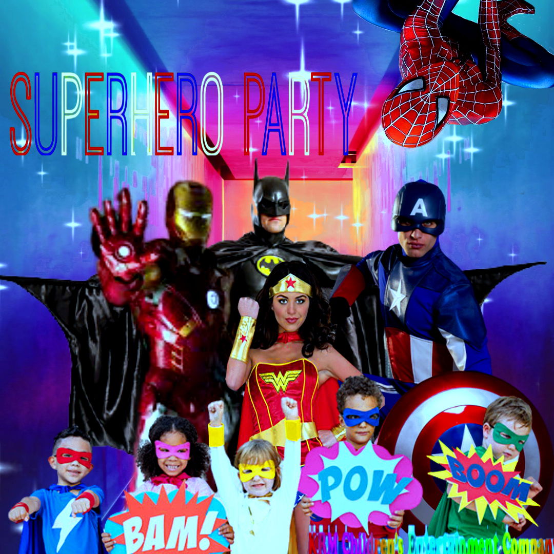 Kids Superhero Party Entertainment in Toronto – Batman, Spider-Man, Iron Man, Captain America, Wonder Woman with children at a superhero birthday event.