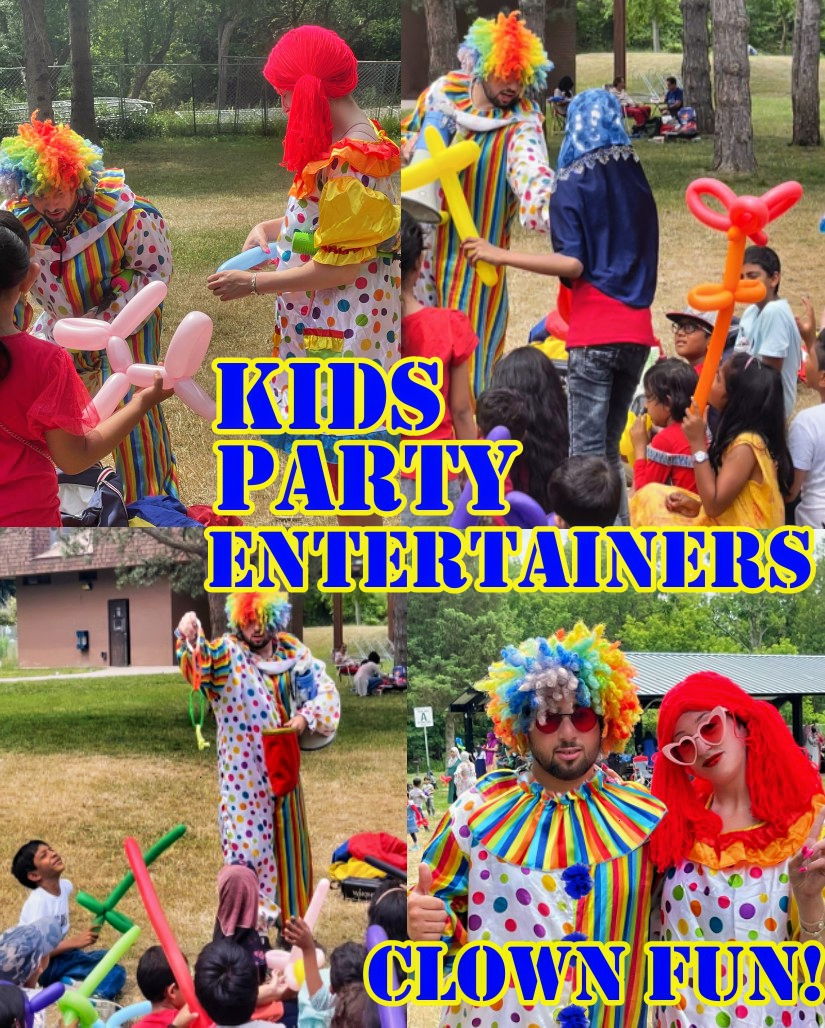 Clown entertainers performing balloon twisting and fun activities for children at an outdoor kids party in Toronto.