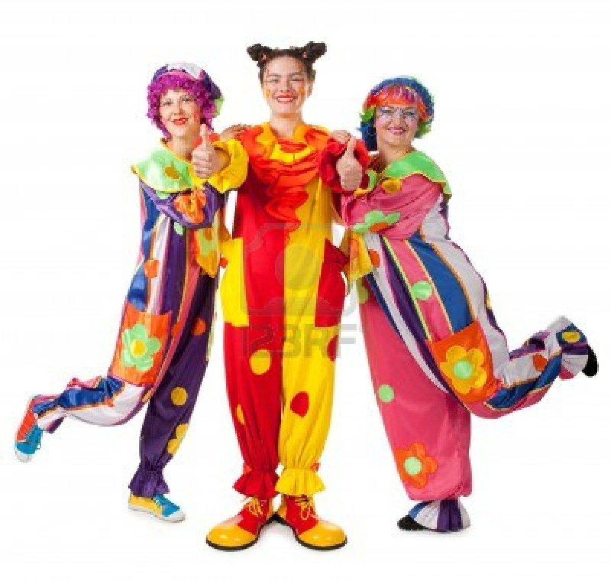 Three colorful clown entertainers posing together and giving thumbs up at a kids party event in Toronto.