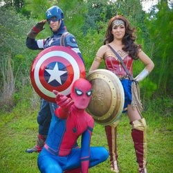 Spider-Man, Captain America, and Wonder Woman performing at a kids superhero birthday party in Toronto.
