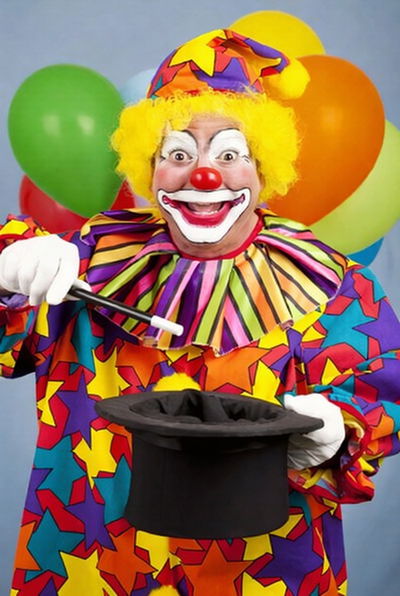 Clown performing a magic trick with a top hat and wand during a kids party in Toronto.